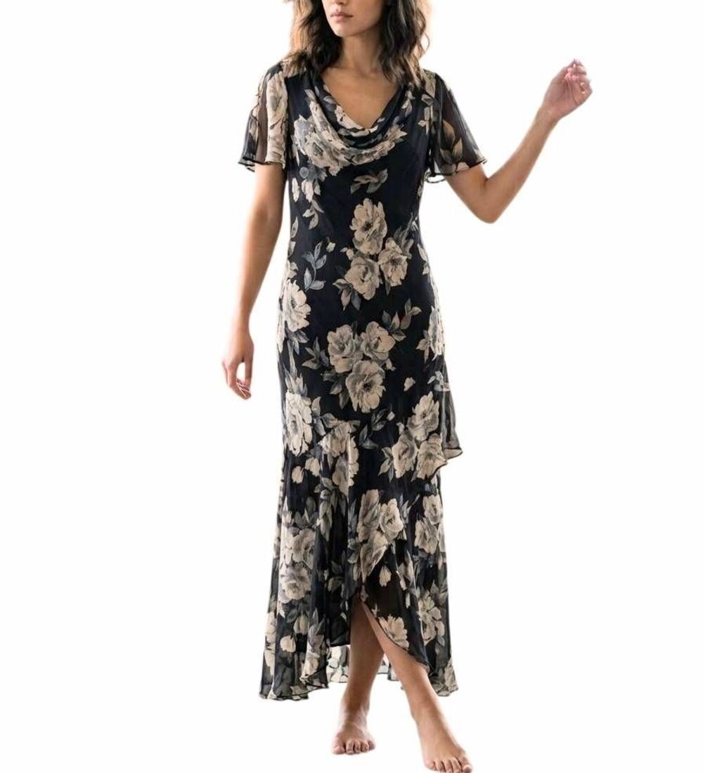 Vintage Eva Blue Black floral Cowl Neck Midi Dress w/ Split Flutter Sleeve 10